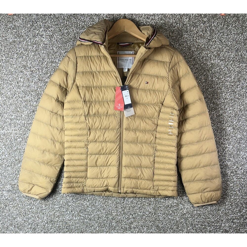 Tommy Hilfiger Women's Lightweight Puffer Jacket Tan Zip Up Hooded Sz Small New